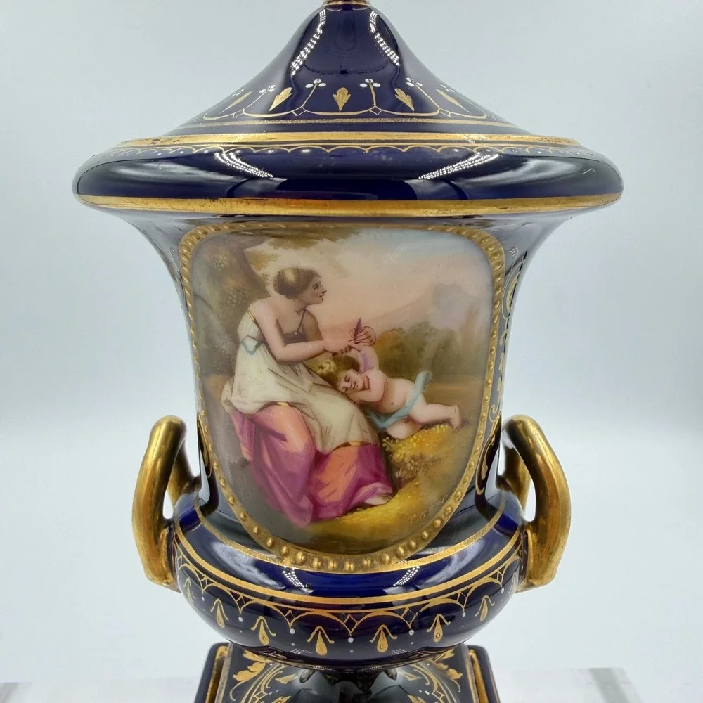 Antique Royal Vienna Cobalt Covered Urn Signed C Heer Austria Hand Painted Amor